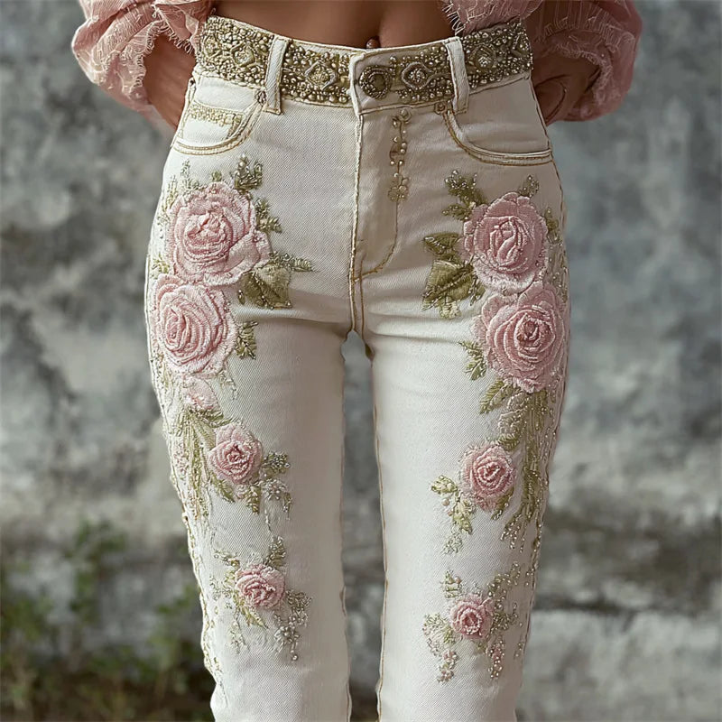 Women's Fashion Casual 3D Floral Print Straight Jeans Denim Bottoms