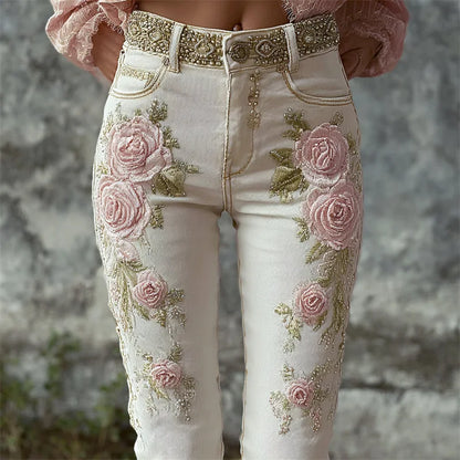 Women's Fashion Casual 3D Floral Print Straight Jeans Denim Bottoms