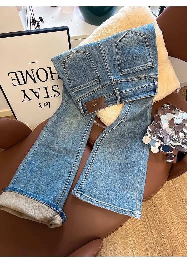 Flared Jeans for Women 25 Autumn Winter New Arrival Plus Velvet Elastic Retro Slim Sexy Petite Long Pants