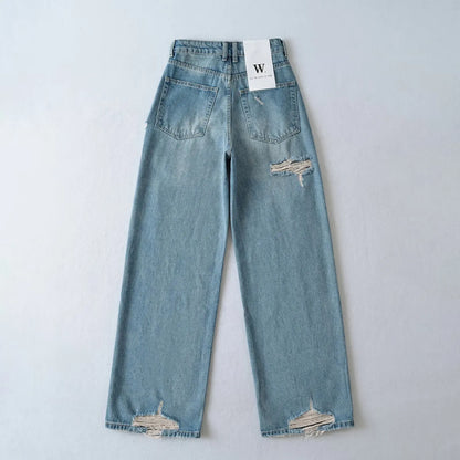 Women's Destroyed Jeans 2025 Spring Summer High Waist Loose Leg Floor-Length Distressed Denim Vintage Daily Staple