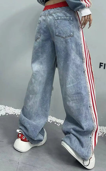 European Style Women's Jeans 2025 Autumn New Heavy-Duty Distressed Frayed Edge Letter Print Drawstring Long Pants Jeans Woman