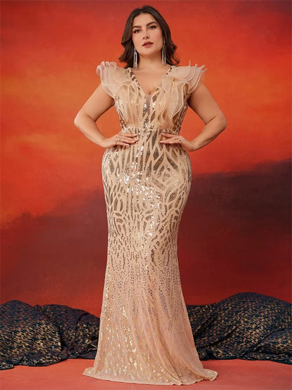 Lucyinlove Plus Size Elegant Gold Evening Dresses Women Luxury Ruffle Sleeve Mermaid Formal Sequins Wedding Party Cocktail Gowns