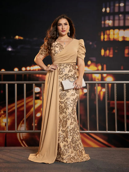 Lucyinlove Plus Size Elegant Short Sleeve Sequins Formal Evening Dresses Women Luxury Mermaid Wedding Party Bridesmaid Gowns