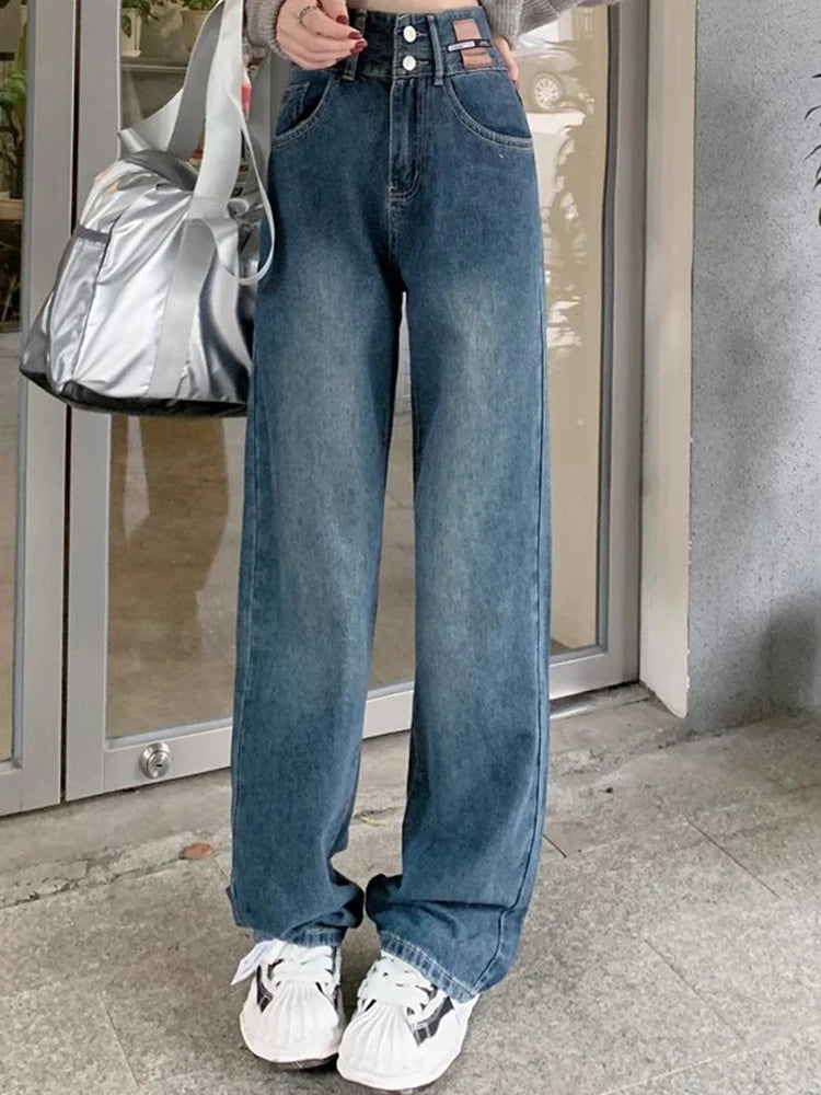Female High Waist Wide Leg Jeans Women Y2k Denim Straight Leg Pants Girls Smoke Gray Retro Blue Light Blue Water Gray Trousers