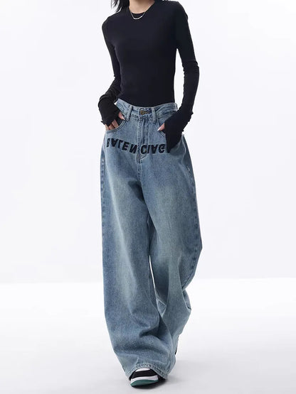 2024 New Blue Jeans Women Embroidered Design Sense Loose Wide Leg Pants Casual Street Style Pants