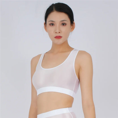 Women's Yoga Fitness Tops Sexy Candy Color UltraShort Crop Fashion Vest V Neck Oil Glossy Silky Smooth Elastic Tight Tanks Tees