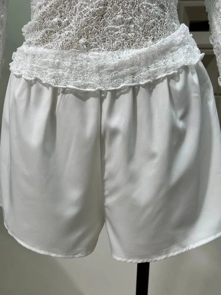 Chic Sheer Three Pieces Mini Dresses For Women Sexy O Neck Long Sleeve Tops Shorts Celebrity See Through Birthday Luxury Outfit