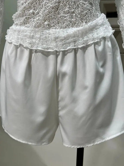 Chic Sheer Three Pieces Mini Dresses For Women Sexy O Neck Long Sleeve Tops Shorts Celebrity See Through Birthday Luxury Outfit