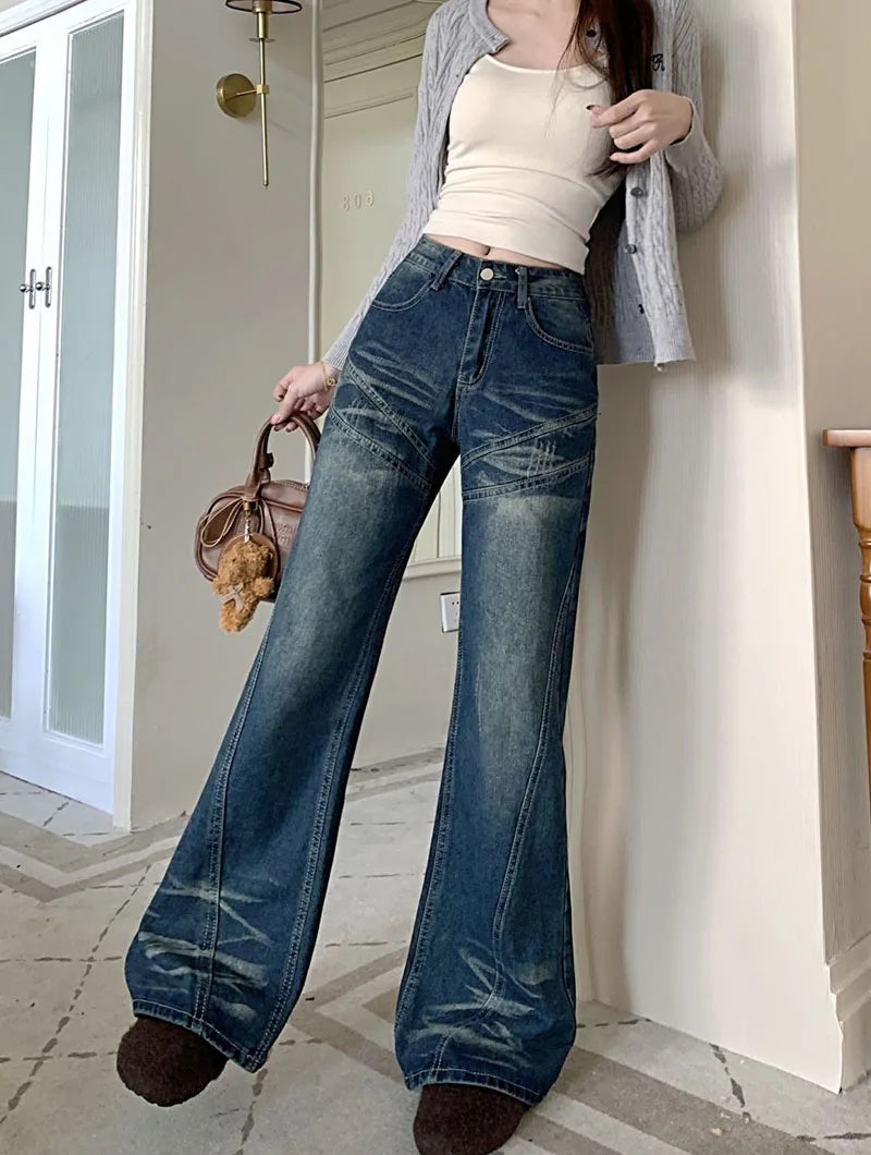 Woman High Waist Vintage Flare Jeans Korean Fashion Slimming Washed Denim Pants Women Y2K 2000S Streetwear Wide Leg Trousers