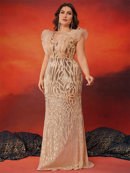 Lucyinlove Plus Size Elegant Gold Evening Dresses Women Luxury Ruffle Sleeve Mermaid Formal Sequins Wedding Party Cocktail Gowns