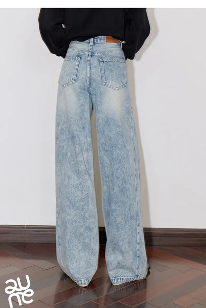 TOYOUTH Women Denim Jeans 2024 Autumn Winter New Mide Waist Straight Wide Leg Long Pants