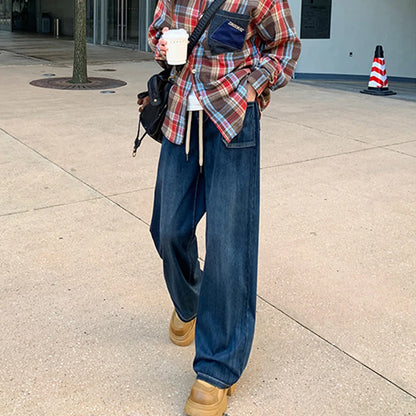 Women's Deep Blue High Waist Denim Pants 2025 Summer Casual Loose Drawstring Jeans Simple Pocket Straight Wide Leg Denim Pants