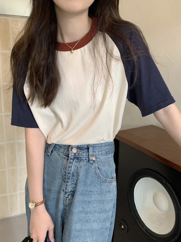 Summer Tops for Women Tshirt Turn Down Collar Short Sleeve Beige Blue Chic Y2k Fashion Patchwork 2026 T Shirts