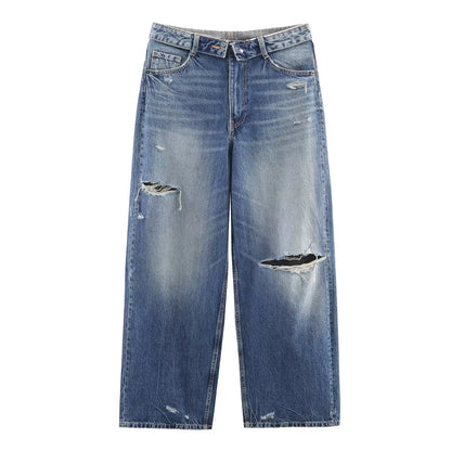 HH Women's 2025 New Fashion Retro Versatile Mid-Waist Turn-Down Jeans Female High Street Casual Ripped Decorative Wide Leg Pants