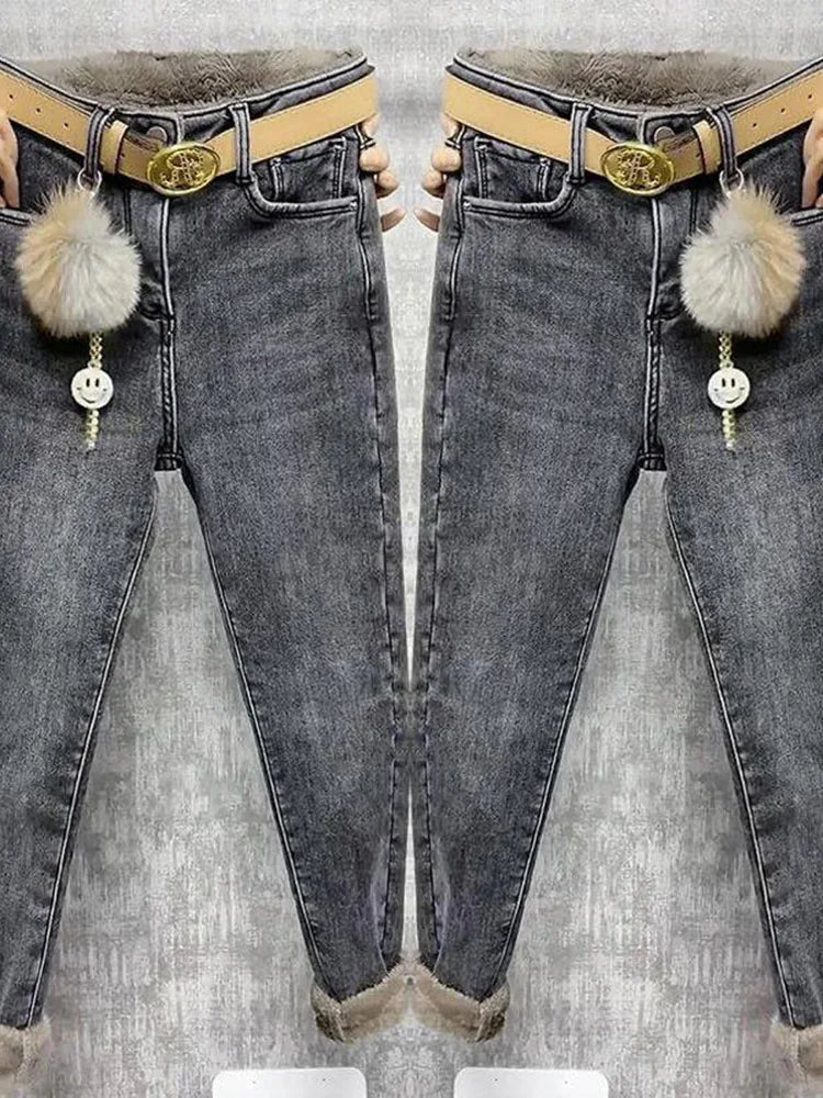 Fleece Jeans For Women Clothes Winter Warm Stretch Denim Harem Pant Loose Thickening Trousers Fall Pantalones De Mujer