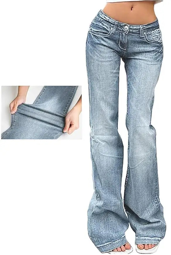 Women Vintage y2k Flared Jeans Retro Button-up Low Rise Casual Denim Pants Harajuku 2000s Aesthetic Trousers Basic Jeans