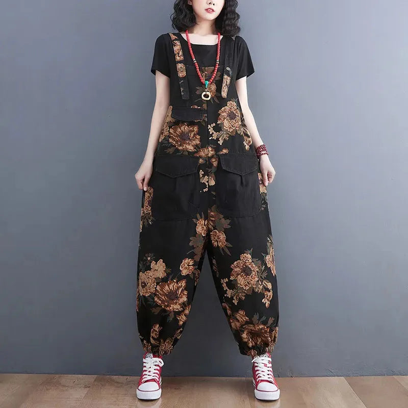 Women's Nine Split Jeans Overalls, Casual Female Print Jumpsuit, Loose Bloomers, Oversized Rompers, Suspenders, Fashion, Spring,