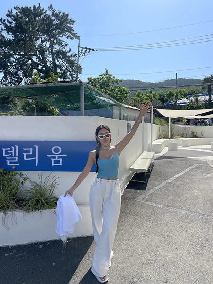 Korean Ins Retro Versatile High Waist Women's Straight Leg Jeans Summer New Fashion Loose Drawstring Design Women Wide Leg Jeans