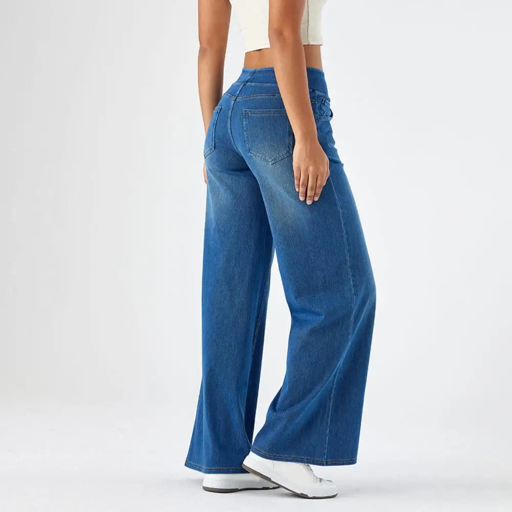 Women Jeans With Pockets Elastic High Waist Solid Color Full Length Pants Straight Wide Leg Trousers Sweatpant Daily Commuting