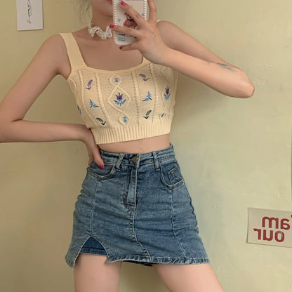 HELIAR Women Flower Embroidery Knitted Crop Tops Women Casual Tube Tops Casual Ribbed Cute Tops Crop Tops Women 2024 Summer