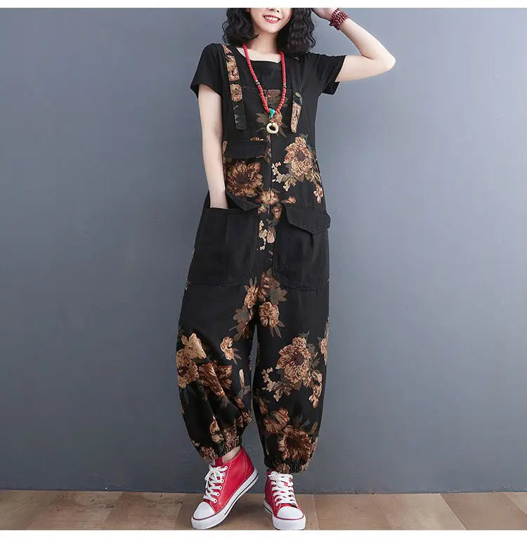 Women's Nine Split Jeans Overalls, Casual Female Print Jumpsuit, Loose Bloomers, Oversized Rompers, Suspenders, Fashion, Spring,