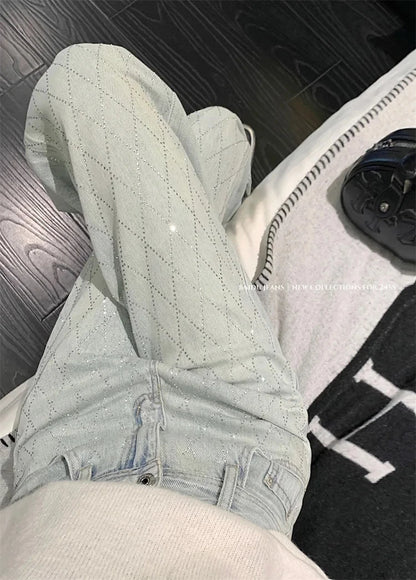 Fashion Women's Jeans High Waist One Side Plaid Shape Diamonds Wide Leg Denim Pants 2025 New Classic Straight Trousers