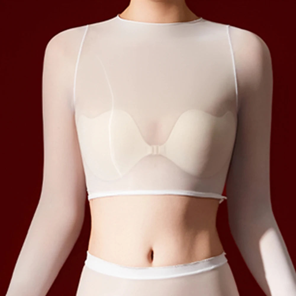 Sexy Women 5D 912 Pin Glove Sleeve Short Top Elastic T-shirt Sheer See Through Maid Tights Oil Glossy Shiny Crop Tops Yoga Wear