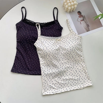 Women Floral Bow Knot Tops Summer Casual Sleeveless Ice Silk Bra Tops With Pad Sweet Lace Vest With Chest Cushion T Shirts 2024