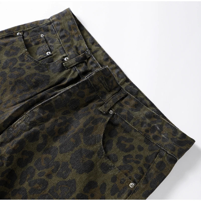 High-Waisted Leopard Print Denim Jeans for Women Retro Slim Straight Leg Trousers Vintage Y2k Hip Hop Streetwear Lady Fashion