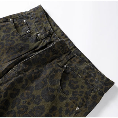 High-Waisted Leopard Print Denim Jeans for Women Retro Slim Straight Leg Trousers Vintage Y2k Hip Hop Streetwear Lady Fashion