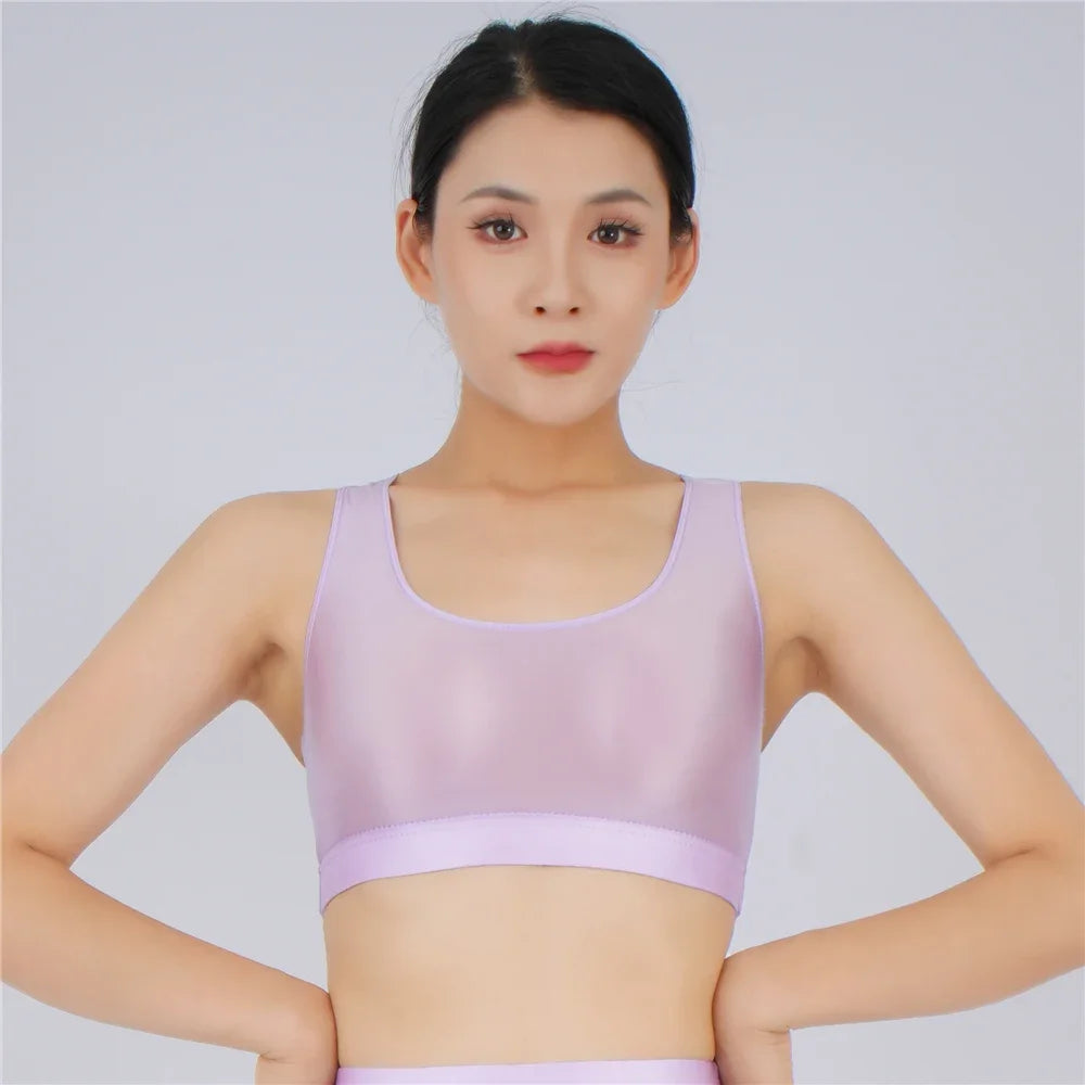 Women's Yoga Fitness Tops Sexy Candy Color UltraShort Crop Fashion Vest V Neck Oil Glossy Silky Smooth Elastic Tight Tanks Tees