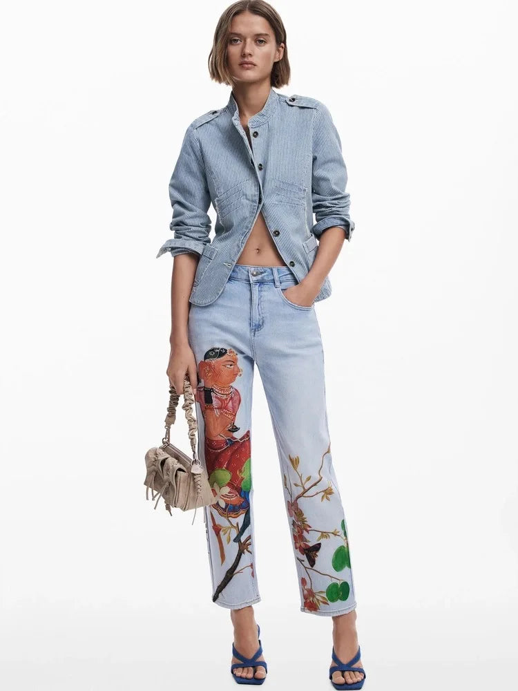 2025 new foreign trade Spain original single women's jeans Bohemian style printed straight leg elastic casual straight leg pants