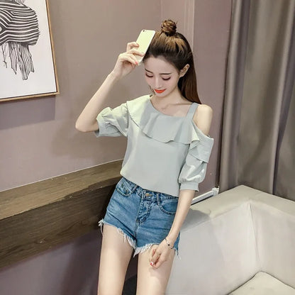 Women's Shirt Tops Fashion One-Shoulder Ruffles Short-sleeved Tops Chiffon Tops S-XXL