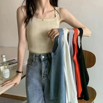 2025 Spring Women Crop Tops Strapy Casual Camis Sleeveless Tank Tops Cute Casual Tops Plain Camis Square Tops for Women Korean