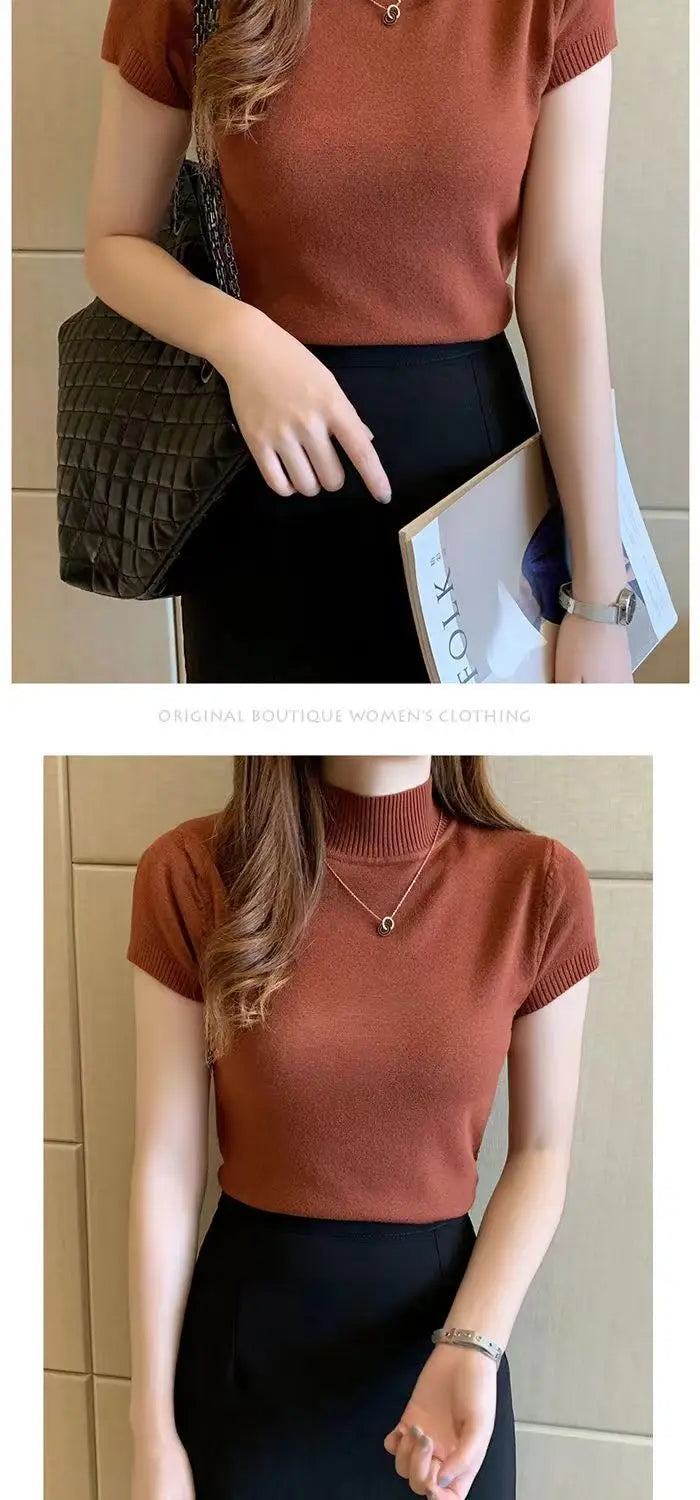 Womens Tops And Blouses Summer Short Sleeve Blouse Women Blusas Mujer De Moda 2023 Turtleneck Knitted Blouse Shirt Tops