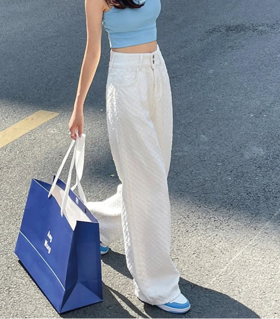 Ripped Jeans for Women Casual Streetwear New Spring Autumn High Waist Straight Leg Pants Fashion White Blue Denim Trousers