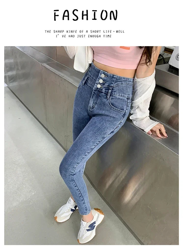 New Women's High Waist Stretch Jeans Blue Black Gray Fashionable and Versatile Multi-button Popular Slim Denim Long Pants Female