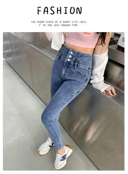 New Women's High Waist Stretch Jeans Blue Black Gray Fashionable and Versatile Multi-button Popular Slim Denim Long Pants Female