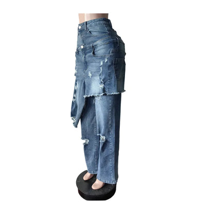Fashion Denim Pants Women Street Wear New 2025 Fall Winter Stretch Vintage Y2k Trousers Apron Overup Ripped Straight Leg Jeans