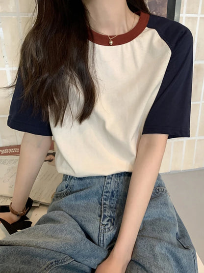 Summer Tops for Women Tshirt Turn Down Collar Short Sleeve Beige Blue Chic Y2k Fashion Patchwork 2026 T Shirts