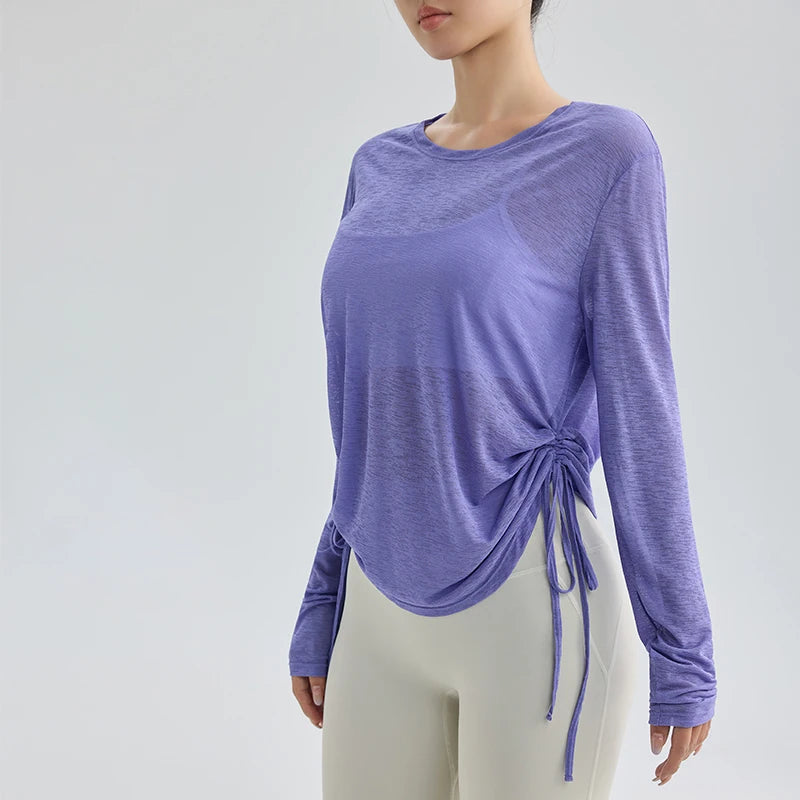 Thin Sunscreen Clothes Yoga Loose Top Drawstring Long Sleeve T-shirt Women's Gym Outdoor Exercise Clothing