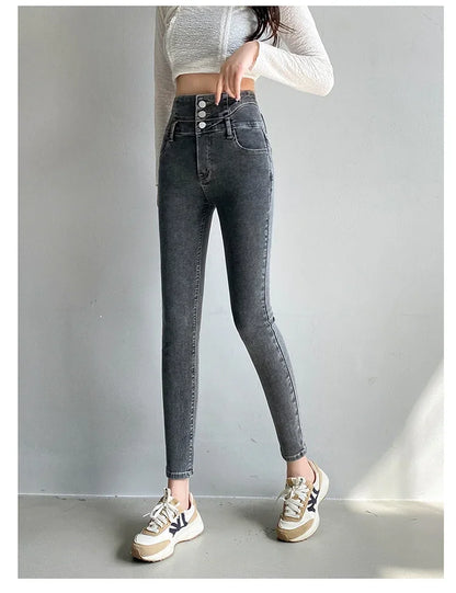 New Women's High Waist Stretch Jeans Blue Black Gray Fashionable and Versatile Multi-button Popular Slim Denim Long Pants Female