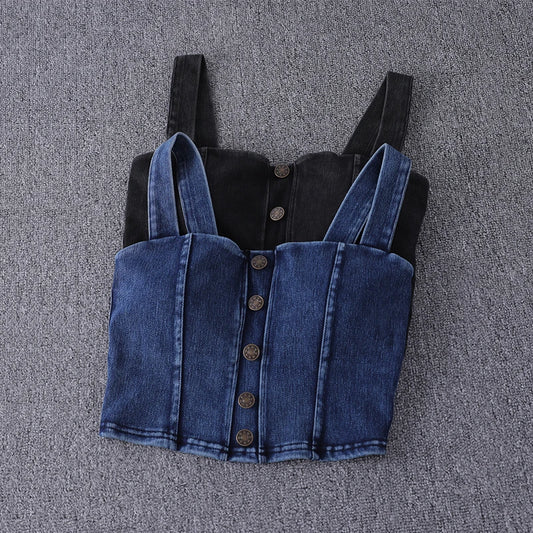 women's clothing sexy Tops For Women crop top fashion button front shirred detail denim top