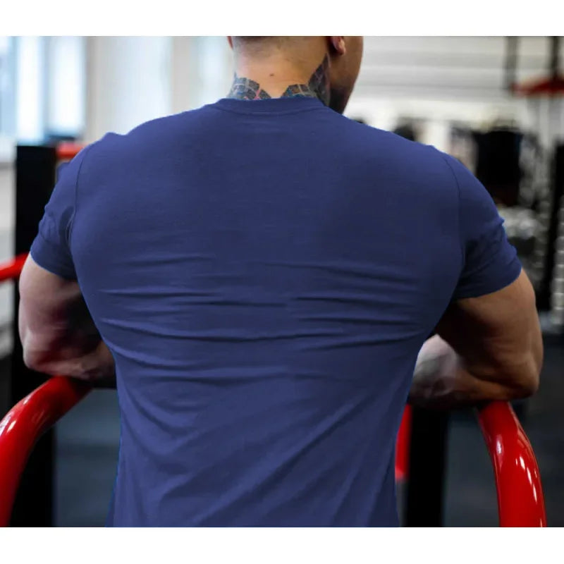 Men's Gym Fitness Clothing Man Cotton Sports Short Sleeve T-shirt Running Training Slim Printed Shirt Sweatshirt Casual Tops