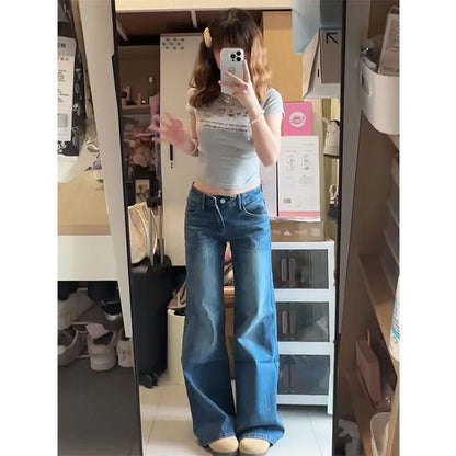 2025 Vintage High Street Low-Waisted Jeans Women Summer All-Match Wide Leg Y2K Denim Trousers Female Sexy Slim Fit Flares Pants