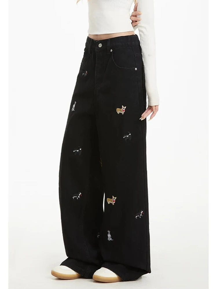 Women's Embroidered Basic Denim Women Jeans American Retro Chic Straight Leg Slim Vintage Woman Jeans Casual Simple Pants Female