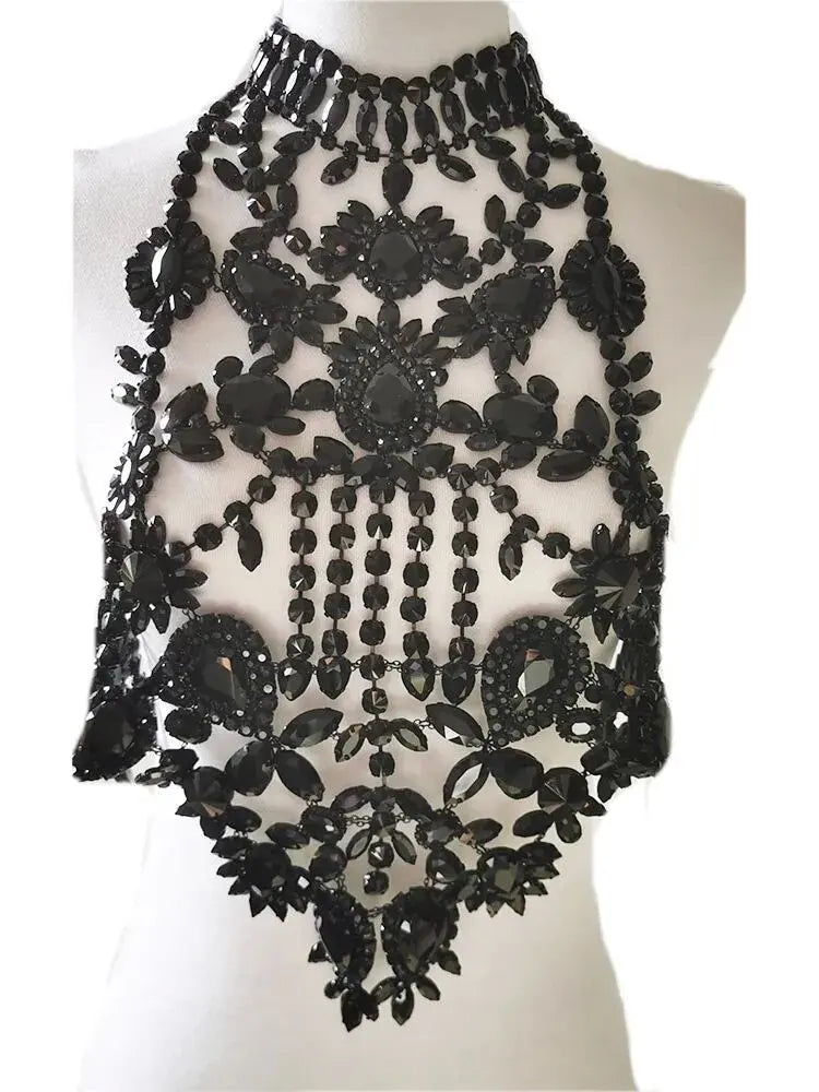 CUIER Luxurious Black Tops for Women Body Chain Jewelry Gun-black