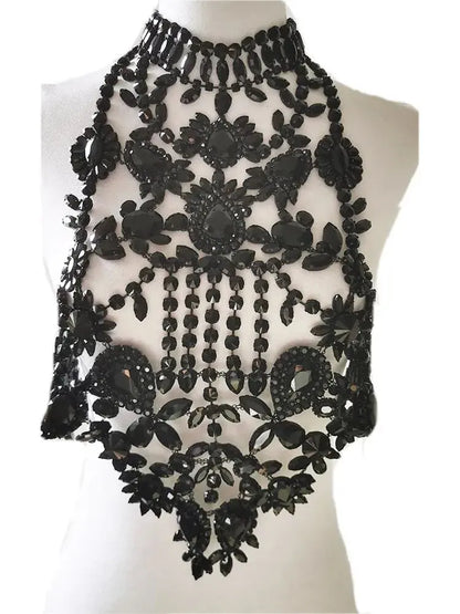 CUIER Luxurious Black Tops for Women Body Chain Jewelry Gun-black