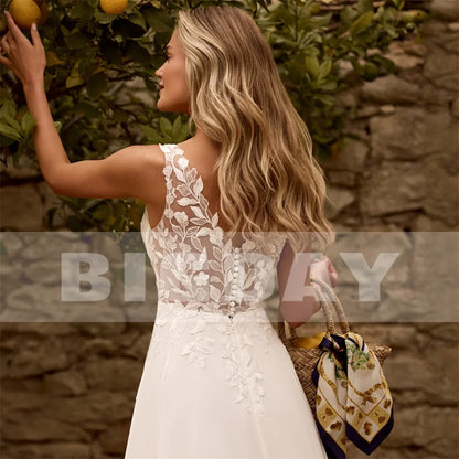 BIGDAY V-Neck Lace A-Line Wedding Dresses Applique Chiffon Sleeveless Open Back Pleat Bridal Gown Vestidos De Noiva Customized