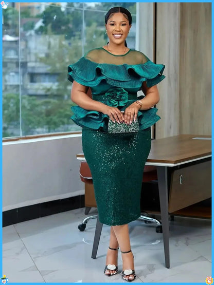2026 New Plus Size European African Evening Dress Turkish Sequin Ruffle Long Dress Women Elegant Wedding Party Gown